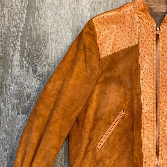 Mens XXL 46 Full Quill Ostrich Trim Leather Jacket France Buttercup Soft Suede - Picture 2 of 14